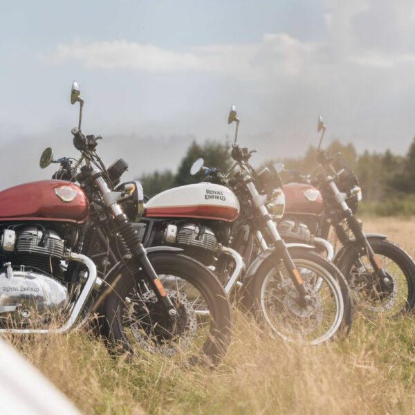 Three Royal Enfield Interceptor 650's lined up in The Scottish Highlands on The Highland Scramble, bikerbnb adventure