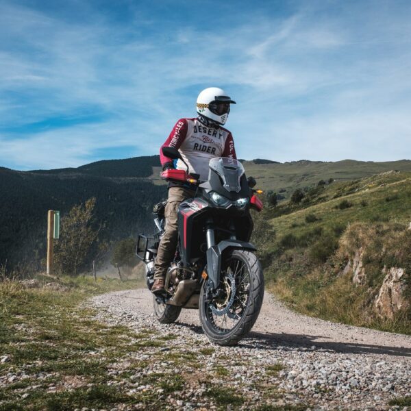 Iberian Scramble Trails Traverse. A rider on a Honda African Twin riding off road in the Pyranees Mountains, Spain on the Iberian Scramble