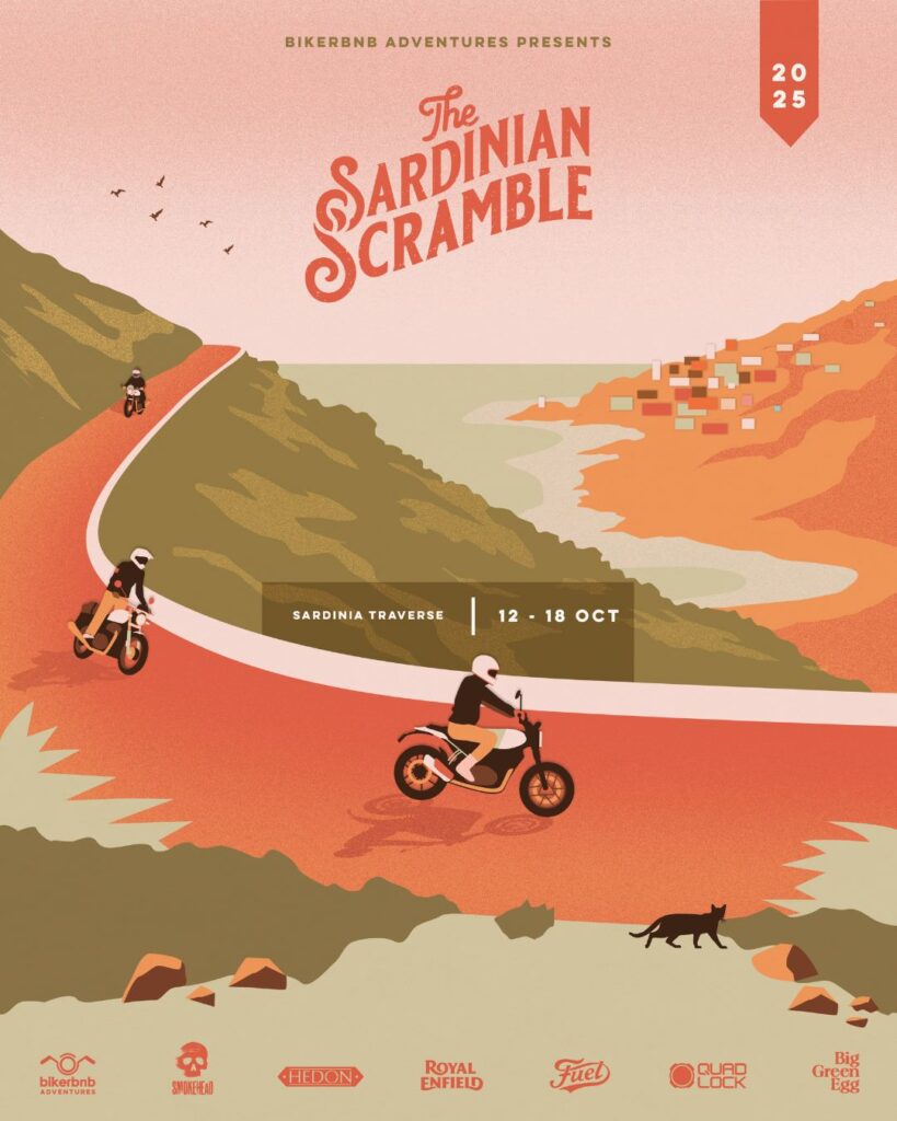 A poster for a motorcycle tour in Sardinia Italy